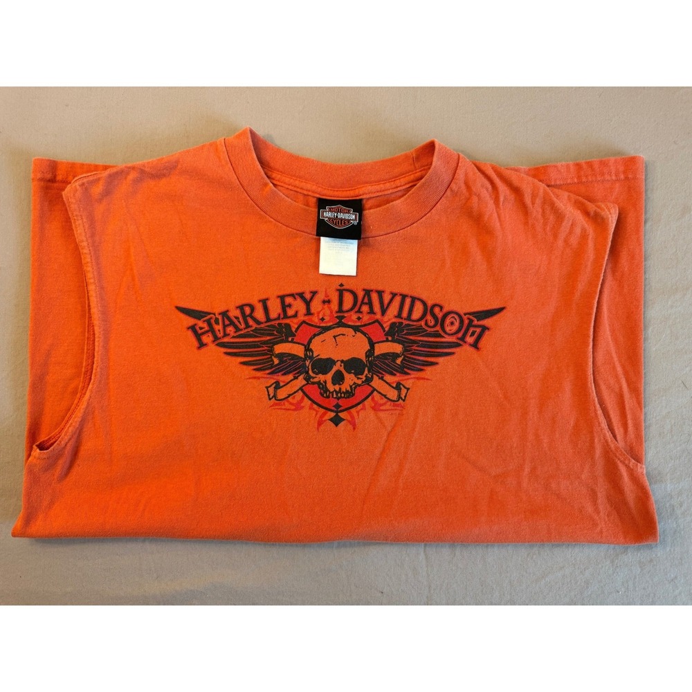 Harley Davidson Orange Cotton Graphic‎ Tank top Men's Large Las Vegas Biker